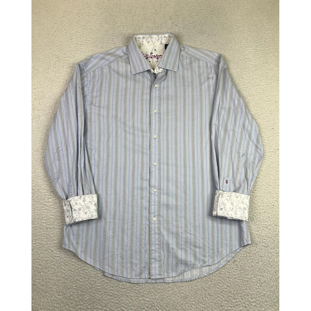 Robert Graham Shirt Mens XL Blue Stripe Contrast Cuff Button Front Long Sleeve